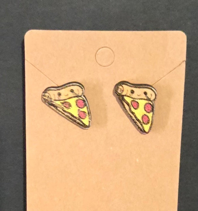 Wood Stud Earrings- Pizza
