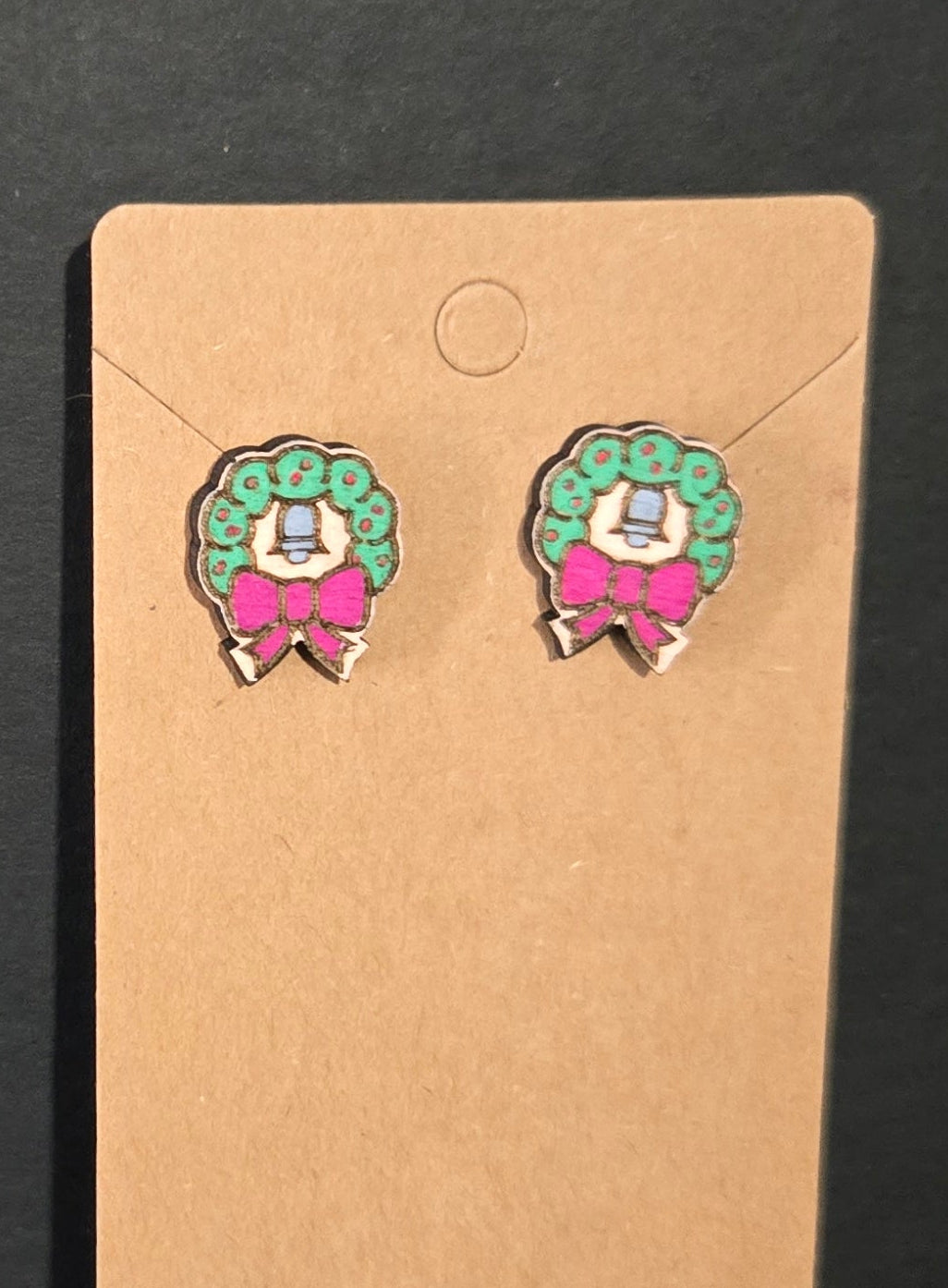 Wood Stud Earrings- Christmas Wreath