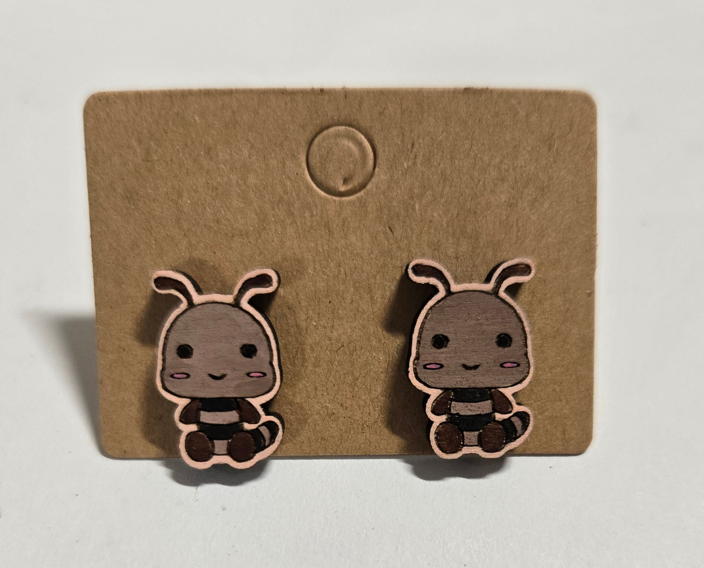 Wood Stud Earrings-Caterpillar Critter