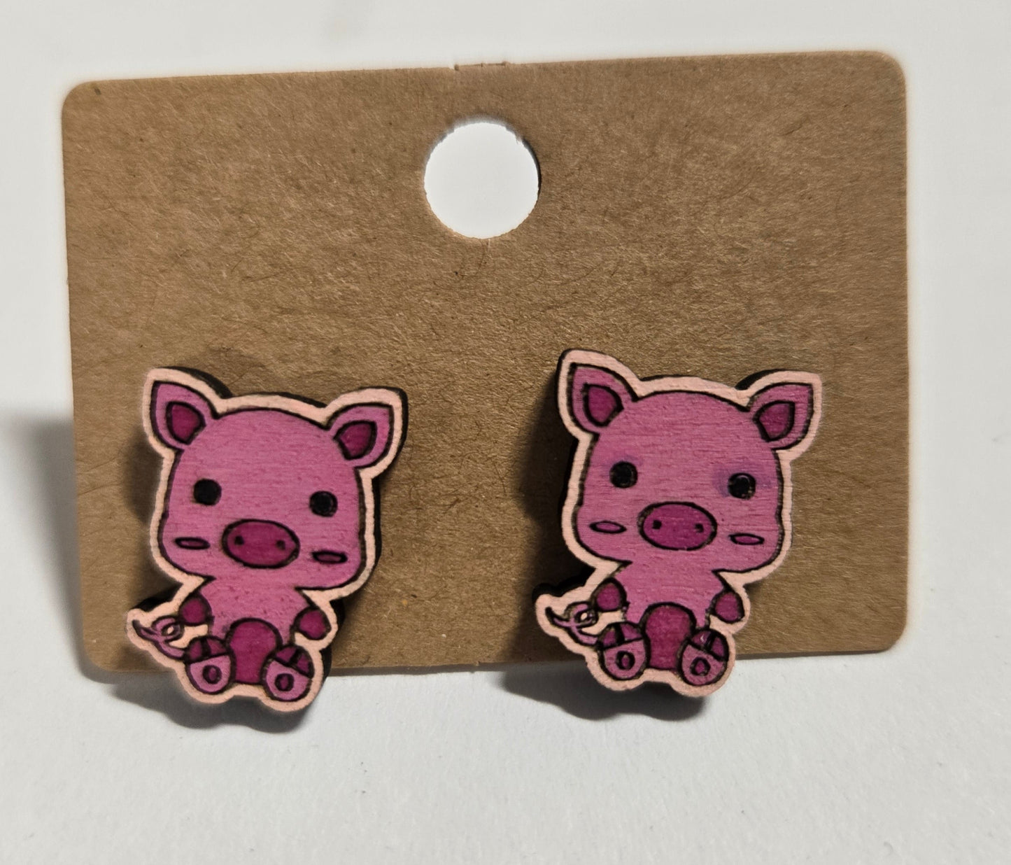 Wood Stud Earrings-Pig Critter