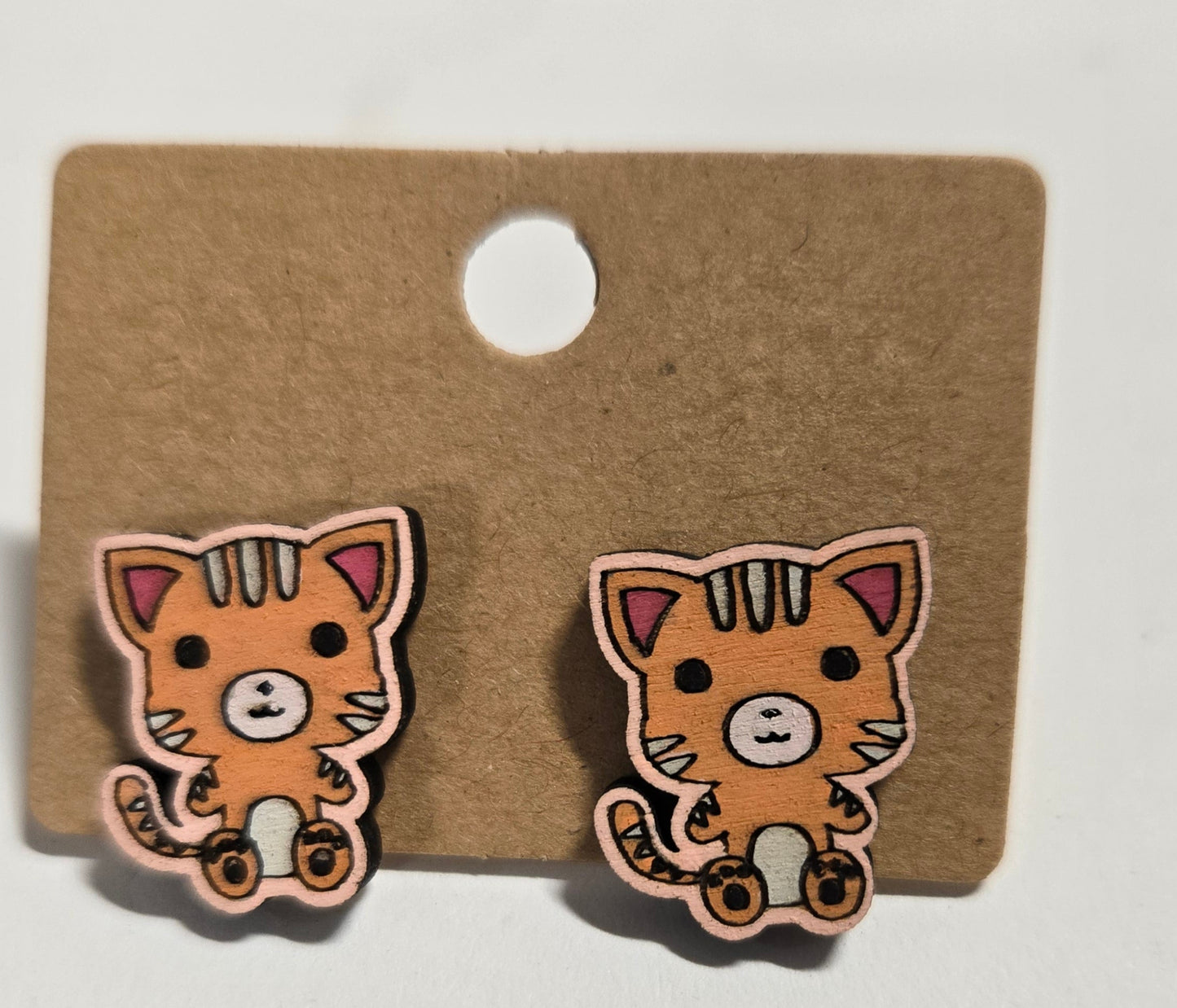 Wood Stud Earrings-Cat