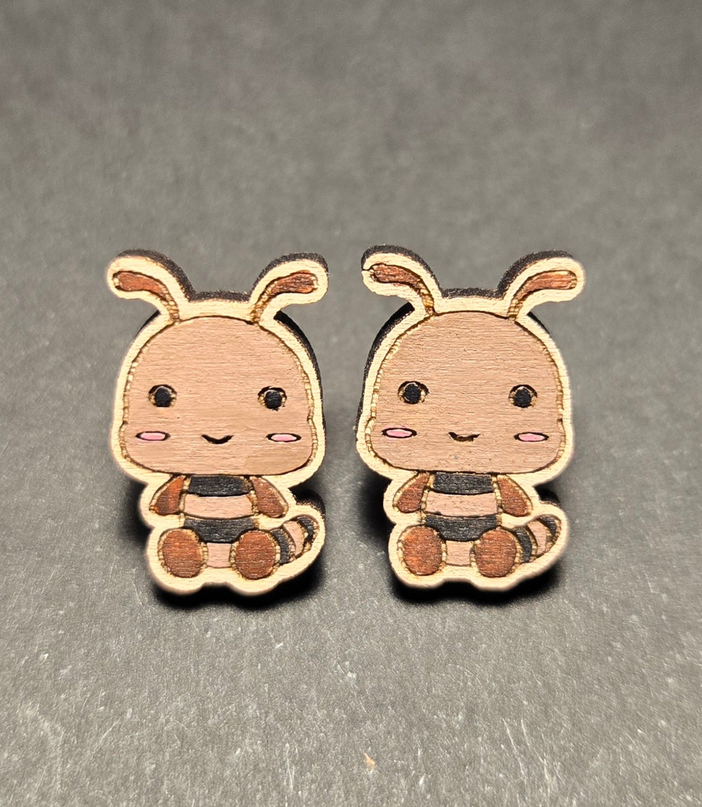 Wood Stud Earrings-Caterpillar Critter