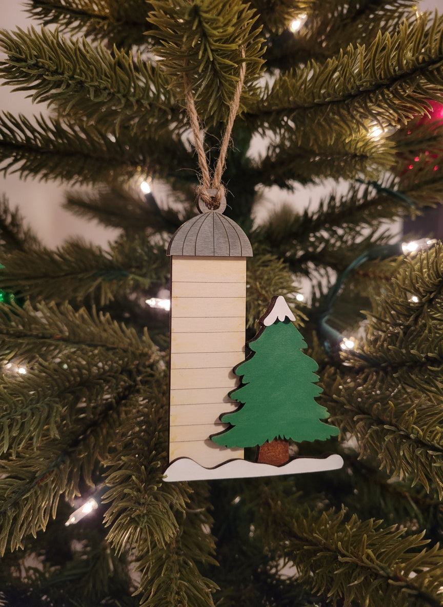 Wood Christmas Ornaments: Silo and Christmas Tree