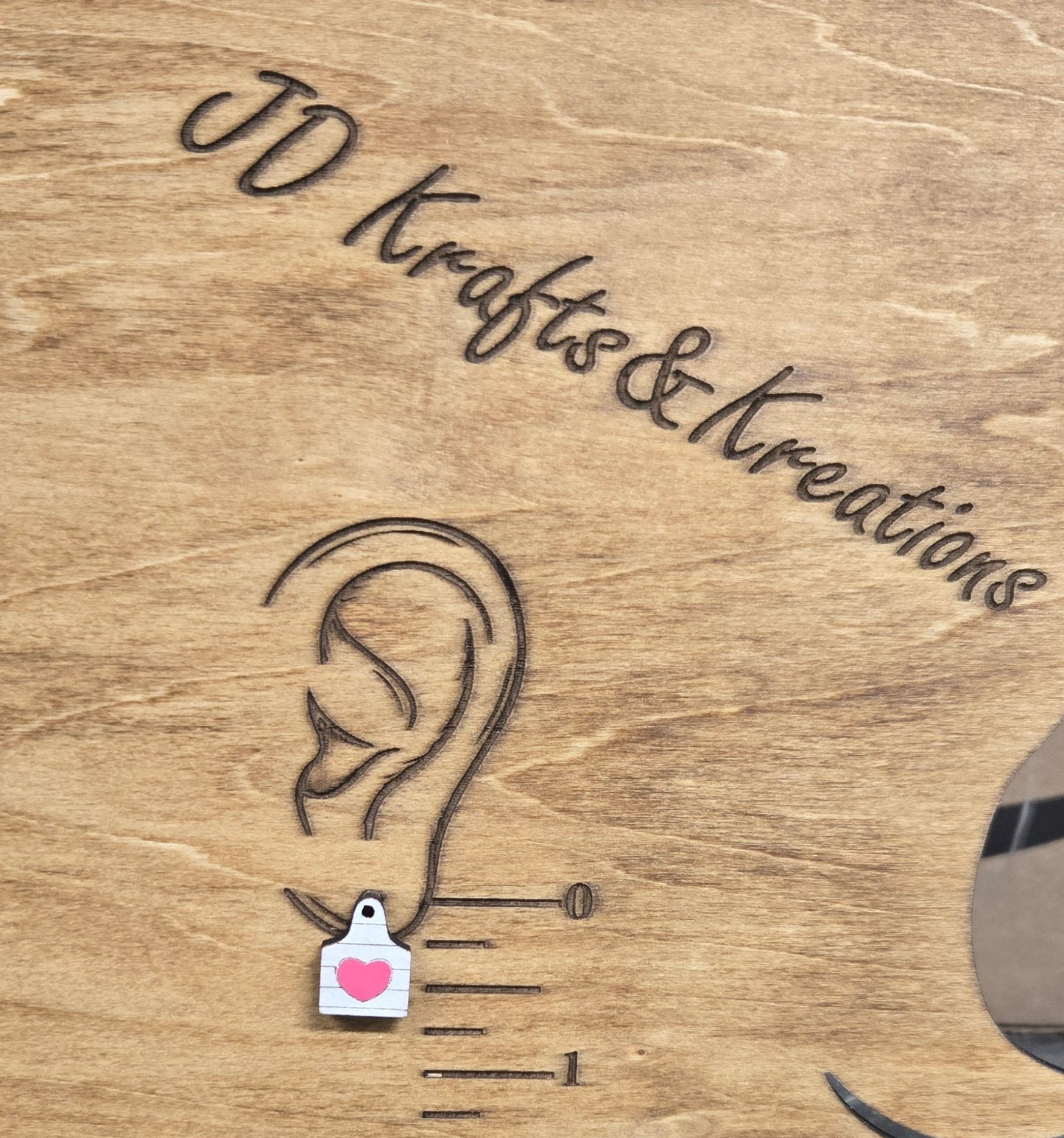 Wood Stud Earrings- Cow Tag with Heart