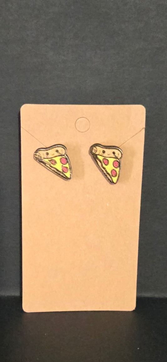 Wood Stud Earrings- Pizza