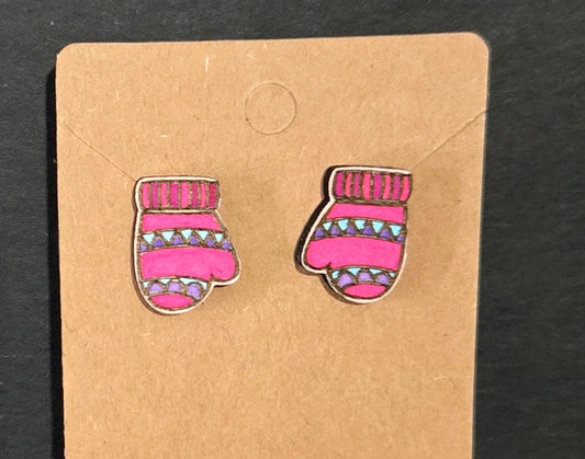 Wood Stud Earrings- Winter Mittens