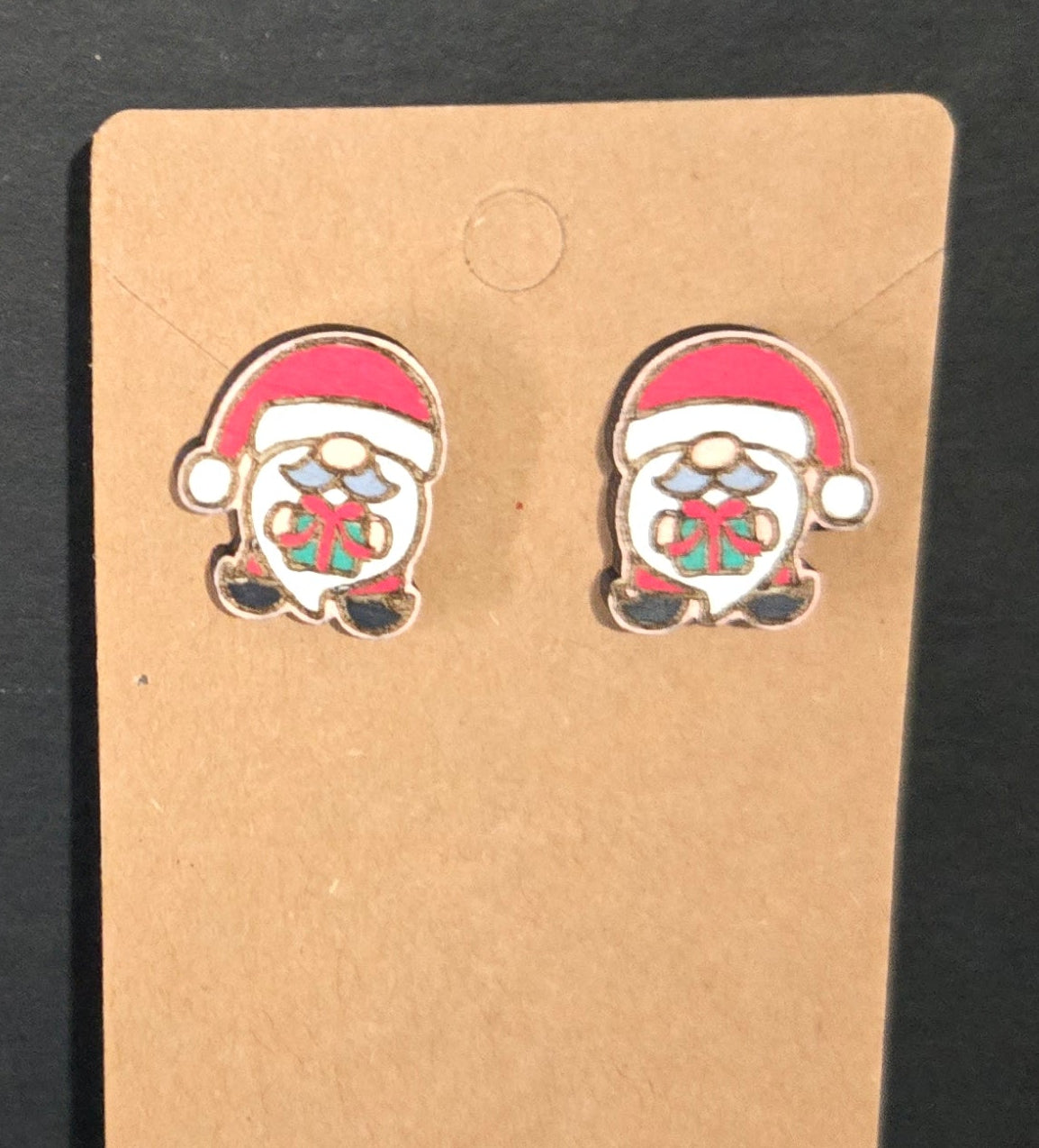 Wood Stud Earrings- Santa Gnome