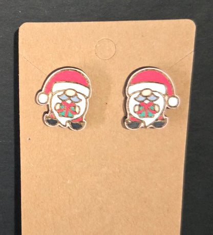Wood Stud Earrings- Santa Gnome