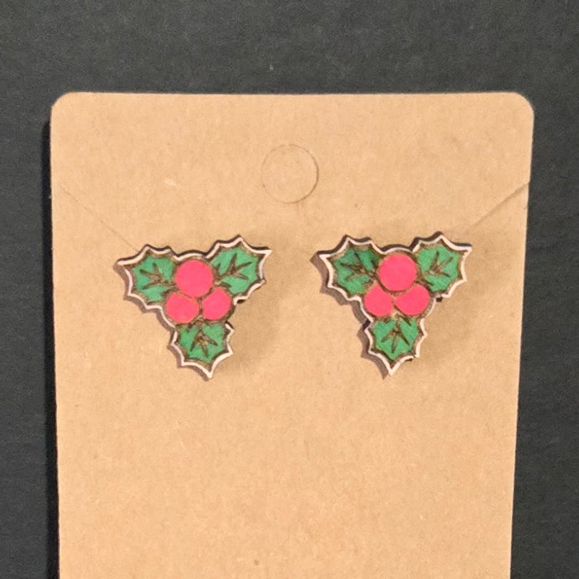 Wood Stud Earrings- Berries & Holly