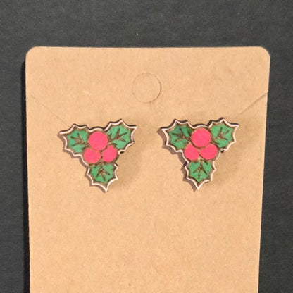 Wood Stud Earrings- Berries & Holly
