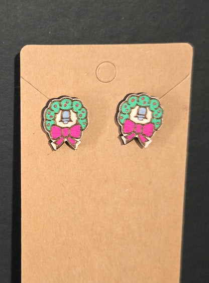 Wood Stud Earrings- Christmas Wreath