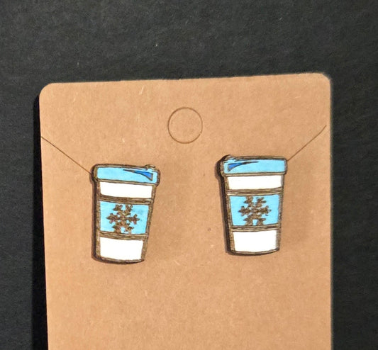 Wood Stud Earrings- Christmas Coffee Cup
