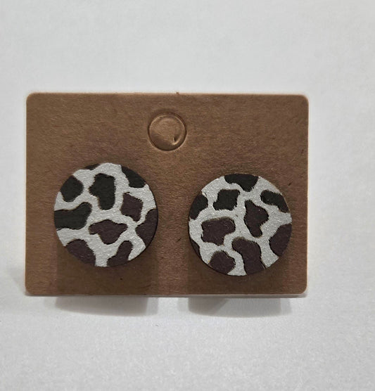 Wood Stud Earrings-Cow Print