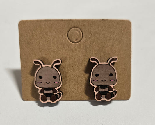 Wood Stud Earrings-Caterpillar Critter