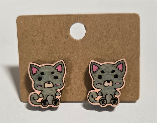 Wood Stud Earrings-Cat