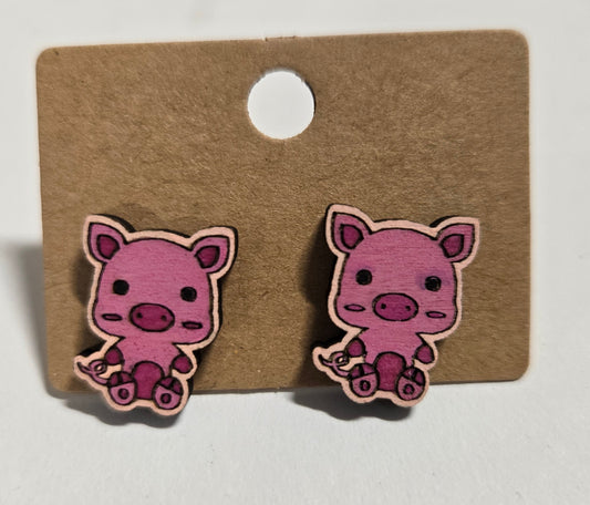 Wood Stud Earrings-Pig Critter