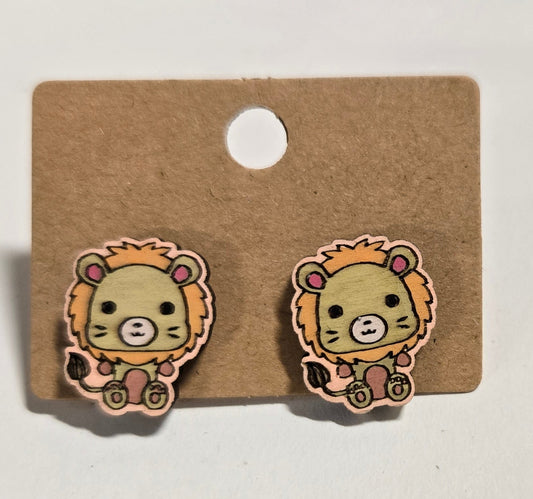 Wood Stud Earrings-Lion Critter