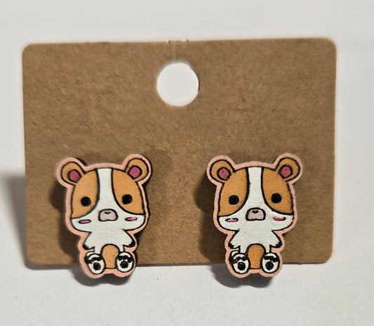 Wood Stud Earrings-Hamster Critter