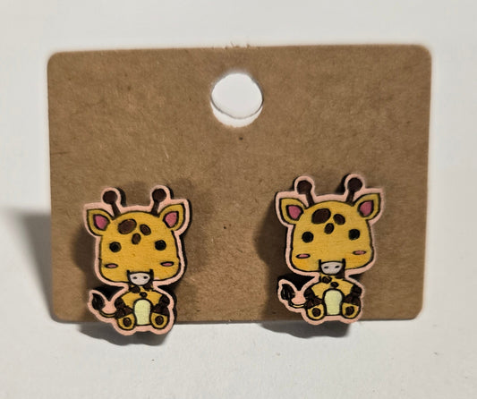 Wood Stud Earrings-Giraffe Critter