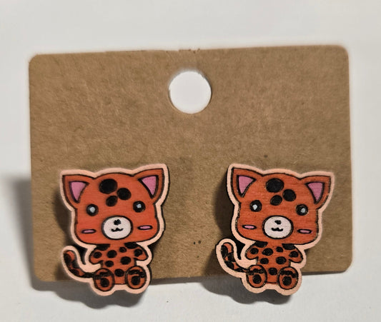 Wood Stud Earrings-Cheetah Critter