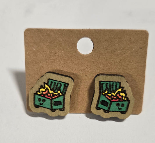 Wood Stud Earrings-Dumpster Fire