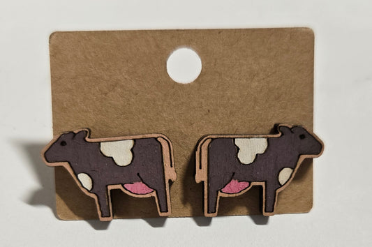 Wood Stud Earrings-Cow