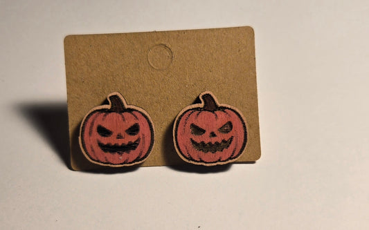 Wood Stud Earrings-Jack O' Lantern