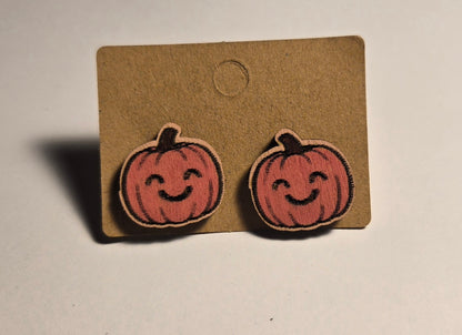 Wood Stud Earrings- Smiling Pumpkin