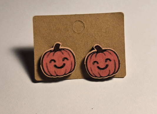 Wood Stud Earrings- Smiling Pumpkin