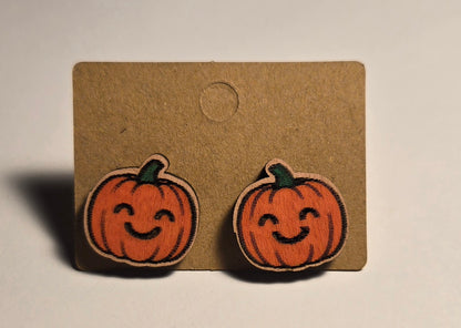 Wood Stud Earrings- Smiling Pumpkin