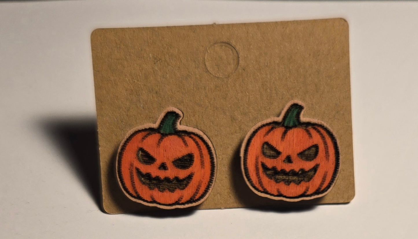 Wood Stud Earrings-Jack O' Lantern