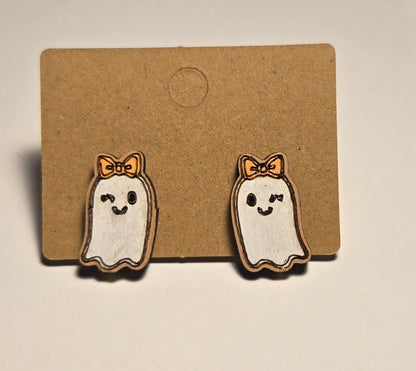 Wood Stud Earrings- Winking Ghost
