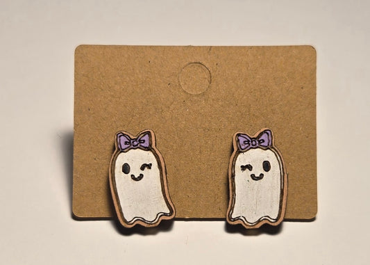 Wood Stud Earrings- Winking Ghost