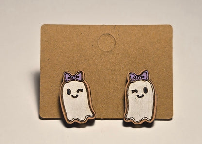 Wood Stud Earrings- Winking Ghost