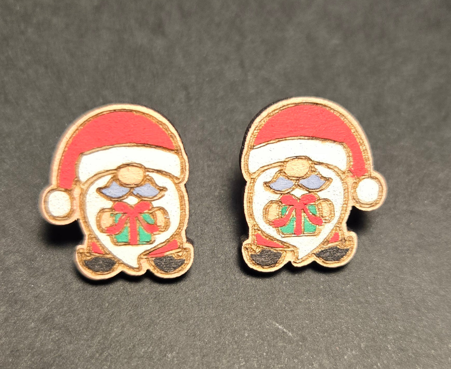 Wood Stud Earrings- Santa Gnome