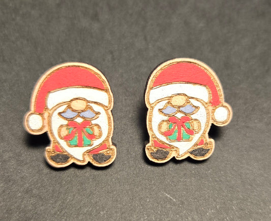 Wood Stud Earrings- Santa Gnome