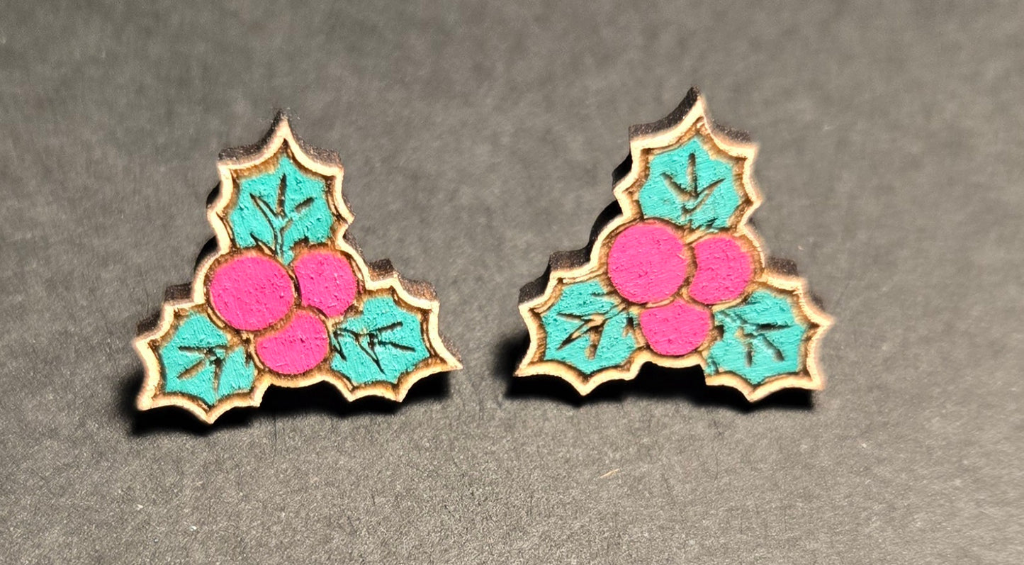 Wood Stud Earrings- Berries & Holly