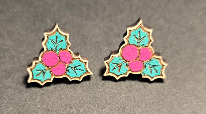 Wood Stud Earrings- Berries & Holly
