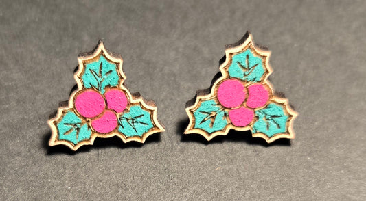 Wood Stud Earrings- Berries & Holly