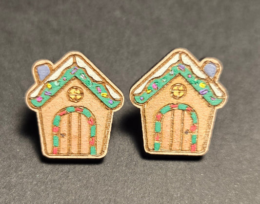 Wood Stud Earrings- Gingerbread House
