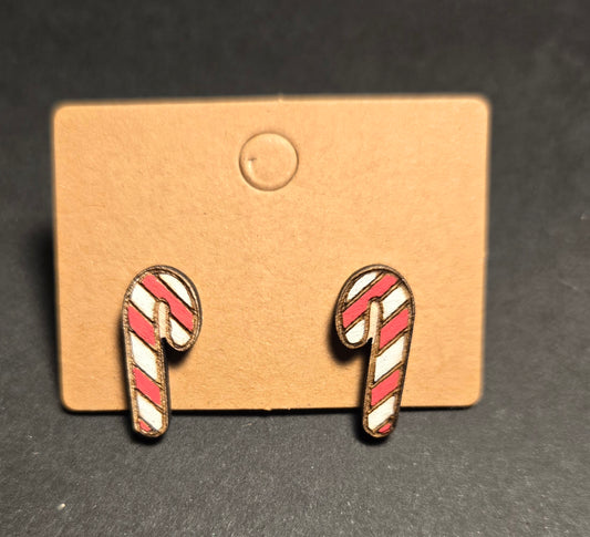 Wood Stud Earrings- Candy Canes