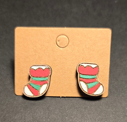 Wood Stud Earrings- Christmas Stockings