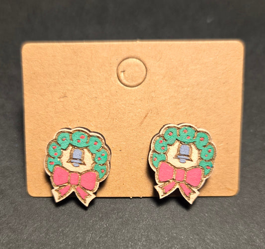 Wood Stud Earrings- Christmas Wreath