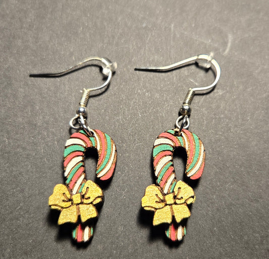 Wood Dangle Earrings- Candy Cane