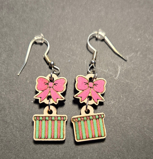 Wood Dangle Earrings- Christmas Present with Bow