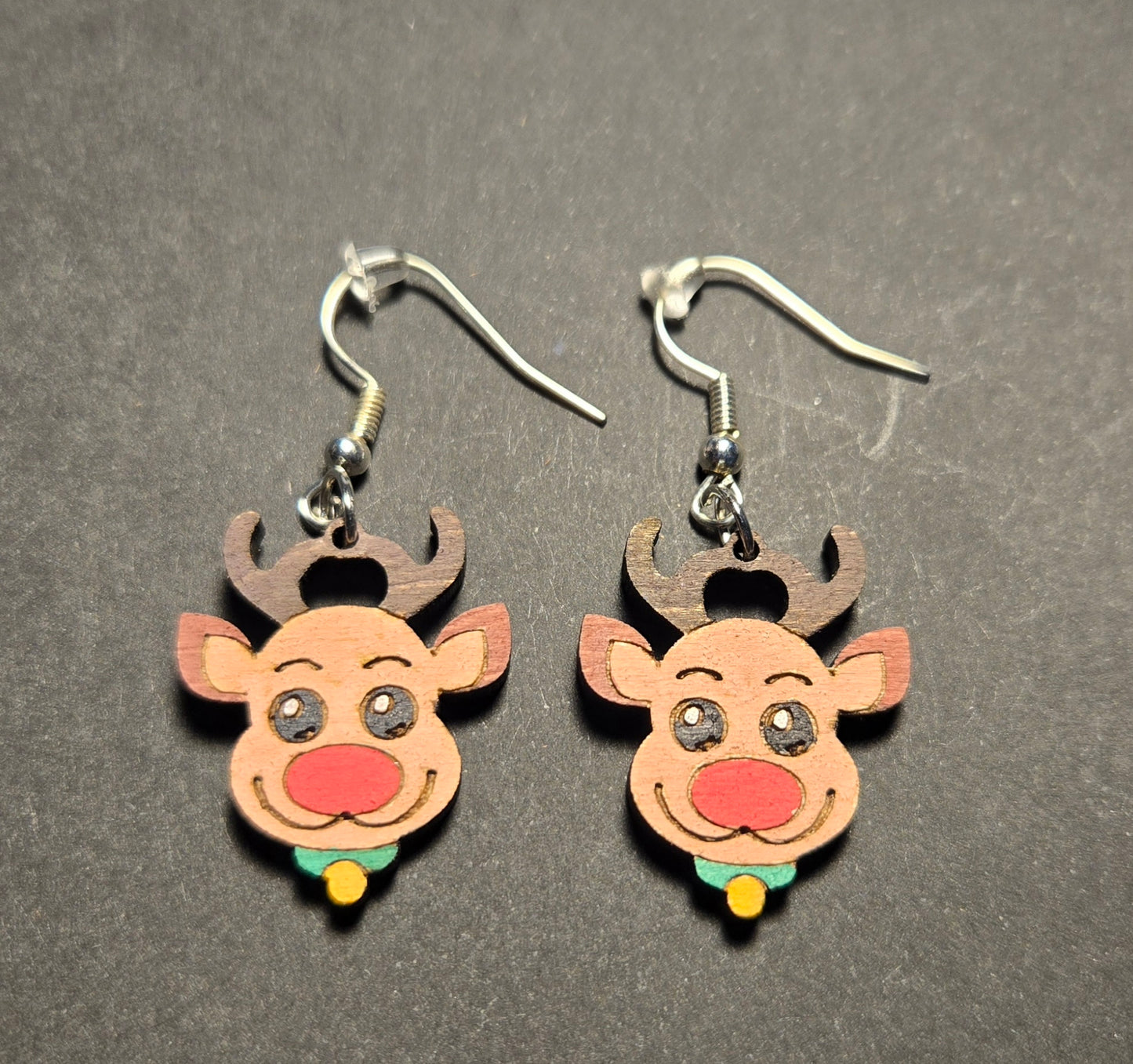 Wood Dangle Earrings- Rudolph