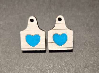Wood Stud Earrings- Cow Tag with Heart