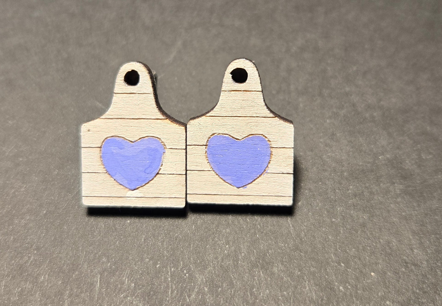 Wood Stud Earrings- Cow Tag with Heart