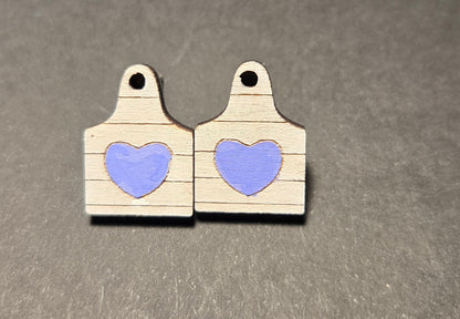 Wood Stud Earrings- Cow Tag with Heart
