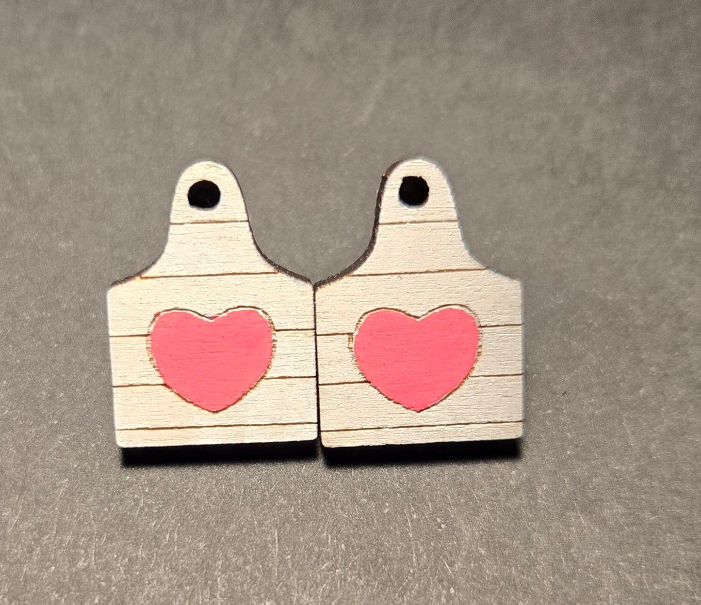 Wood Stud Earrings- Cow Tag with Heart